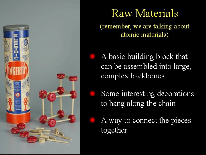 Raw Materials (remember, we are talking about atomic materials) A basic building block that