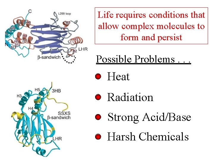 Life requires conditions that allow complex molecules to form and persist Possible Problems. .