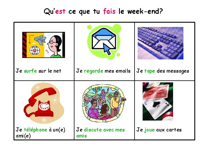 Qu’est ce que tu fais le week-end? Je surfe sur le net Je regarde