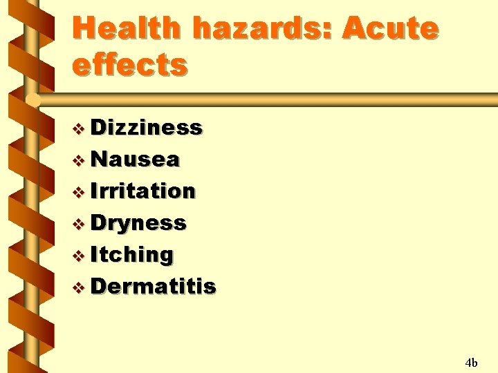 Health hazards: Acute effects v Dizziness v Nausea v Irritation v Dryness v Itching