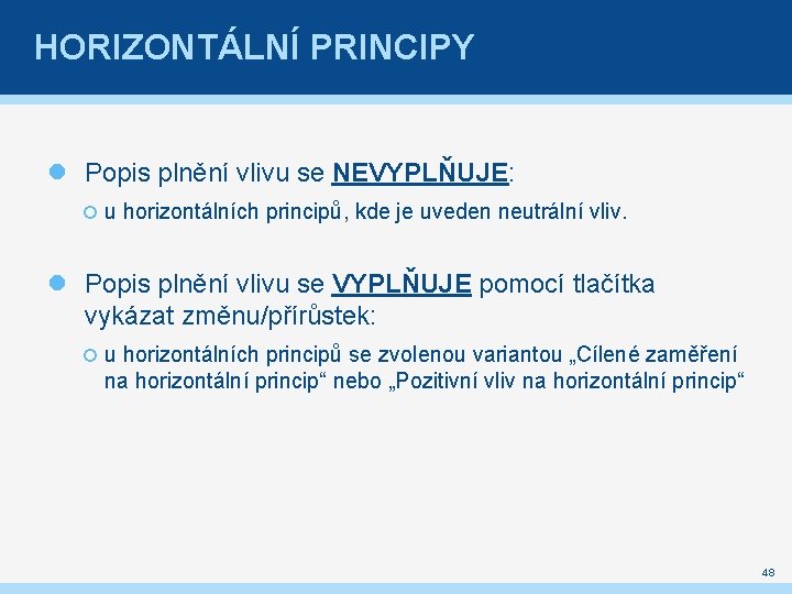 HORIZONTÁLNÍ PRINCIPY Popis plnění vlivu se NEVYPLŇUJE: u horizontálních principů, kde je uveden neutrální