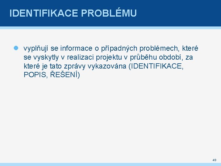 IDENTIFIKACE PROBLÉMU vyplňují se informace o případných problémech, které se vyskytly v realizaci projektu