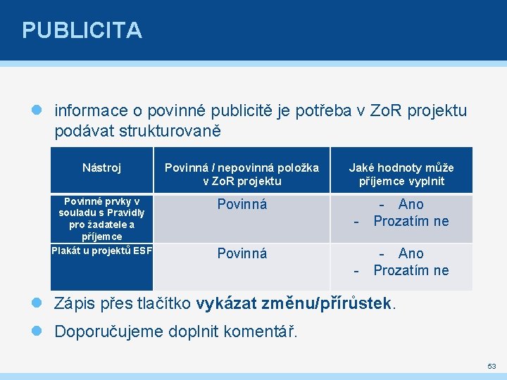 PUBLICITA informace o povinné publicitě je potřeba v Zo. R projektu podávat strukturovaně Nástroj