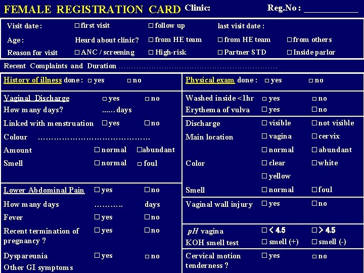 FEMALE REGISTRATION CARD Clinic: Reg. No : ______ Visit date : □ first visit FEMALE REGISTRATION CARD Clinic: Reg. No : ______ Visit date : □ first visit