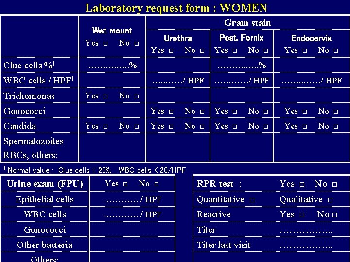 Laboratory request form : WOMEN Wet mount Yes □ No □ Clue cells %1 Laboratory request form : WOMEN Wet mount Yes □ No □ Clue cells %1