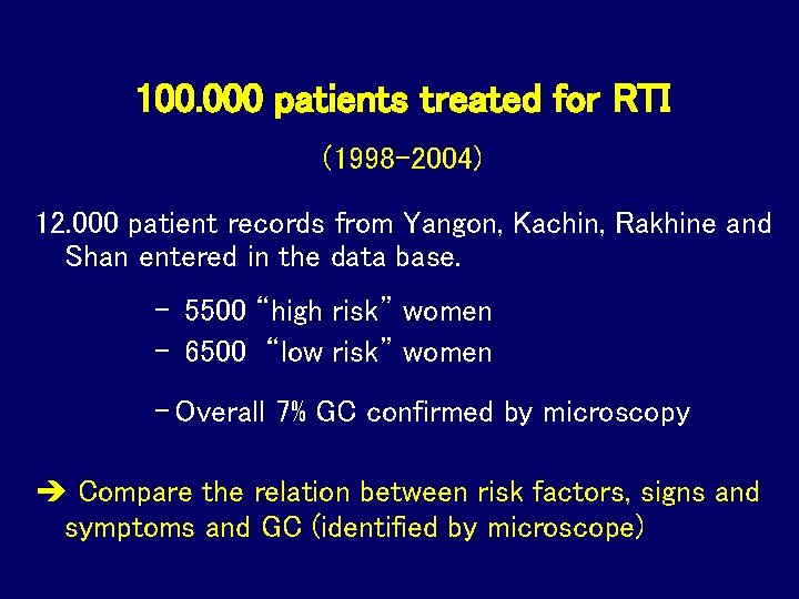 100. 000 patients treated for RTI (1998 -2004) 12. 000 patient records from Yangon, 100. 000 patients treated for RTI (1998 -2004) 12. 000 patient records from Yangon,