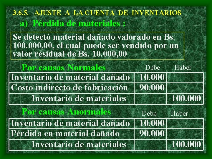 3. 6. 5. AJUSTE A LA CUENTA DE INVENTARIOS a) Pérdida de materiales :