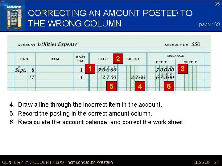 35 CORRECTING AN AMOUNT POSTED TO THE WRONG COLUMN page 169 2 1 3