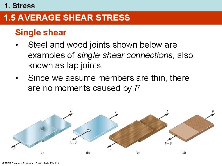 1. Stress 1. 5 AVERAGE SHEAR STRESS Single shear • Steel and wood joints