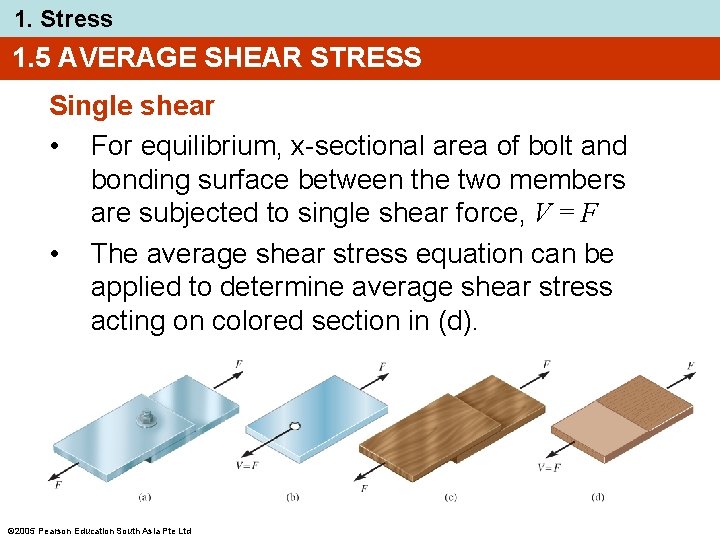 1. Stress 1. 5 AVERAGE SHEAR STRESS Single shear • For equilibrium, x-sectional area