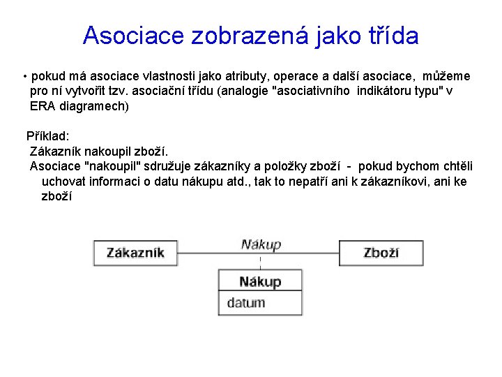 Asociace zobrazená jako třída • pokud má asociace vlastnosti jako atributy, operace a další