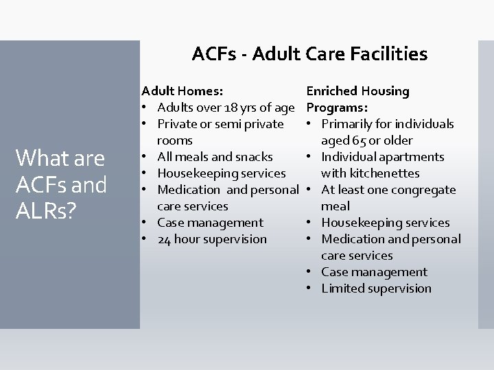 ACFs - Adult Care Facilities What are ACFs and ALRs? Adult Homes: Enriched Housing