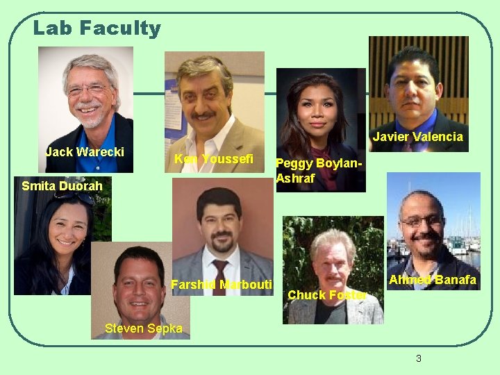 Lab Faculty Javier Valencia Jack Warecki Ken Youssefi Smita Duorah Farshid Marbouti Peggy Boylan.