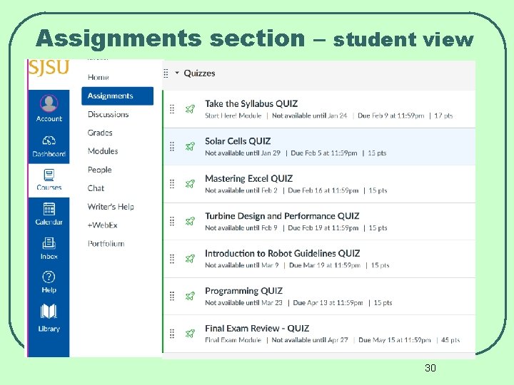 Assignments section – student view 30 