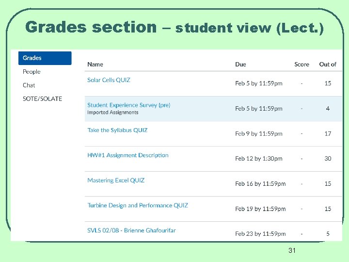 Grades section – student view (Lect. ) 31 