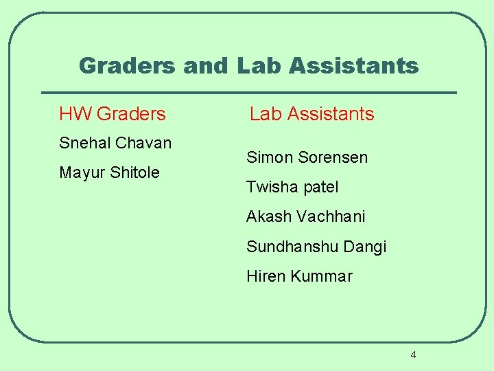 Graders and Lab Assistants HW Graders Snehal Chavan Mayur Shitole Lab Assistants Simon Sorensen