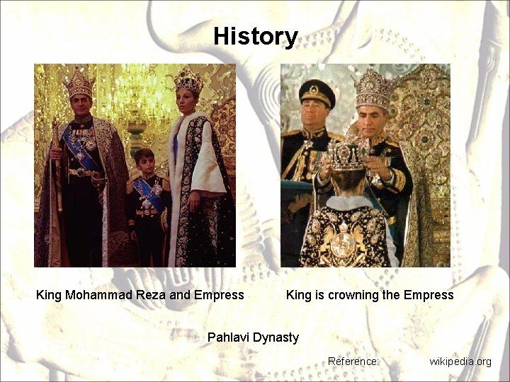 History King Mohammad Reza and Empress King is crowning the Empress Pahlavi Dynasty Reference: