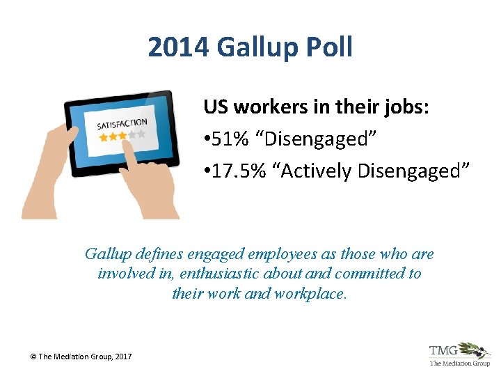 2014 Gallup Poll US workers in their jobs: • 51% “Disengaged” • 17. 5% 2014 Gallup Poll US workers in their jobs: • 51% “Disengaged” • 17. 5%
