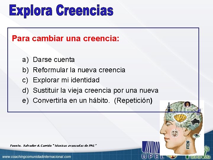 Para cambiar una creencia: a) b) c) d) e) Darse cuenta Reformular la nueva