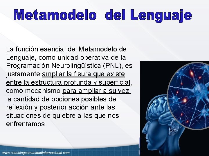 La función esencial del Metamodelo de Lenguaje, como unidad operativa de la Programación Neurolingüística