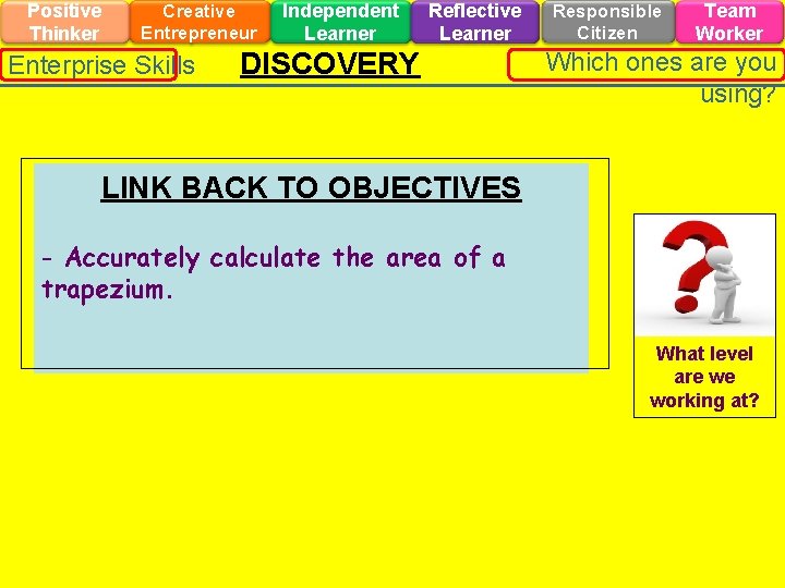 Positive Thinker Creative Entrepreneur Enterprise Skills Independent Learner Reflective Learner DISCOVERY Responsible Citizen Team