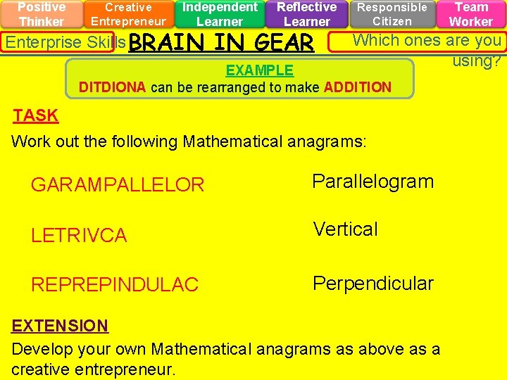 Positive Thinker Creative Entrepreneur Independent Learner Enterprise Skills BRAIN Reflective Learner IN GEAR Responsible