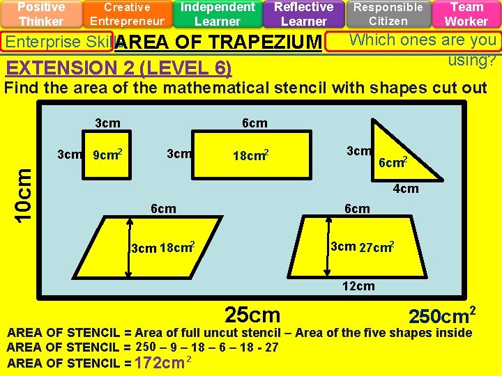 Positive Thinker Independent Learner Creative Entrepreneur Reflective Learner Enterprise Skills AREA OF TRAPEZIUM EXTENSION