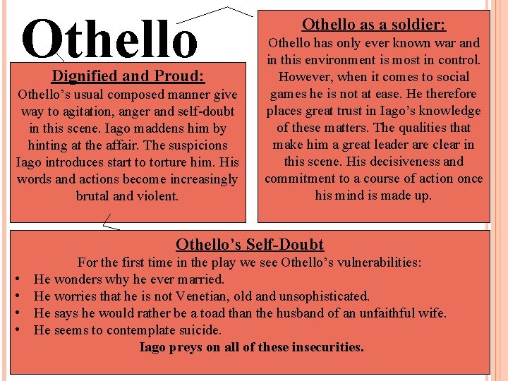 Othello Dignified and Proud: Othello’s usual composed manner give way to agitation, anger and