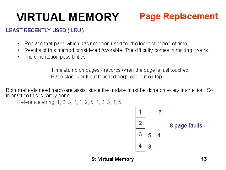 VIRTUAL MEMORY Page Replacement LEAST RECENTLY USED ( LRU ) • Replace that page