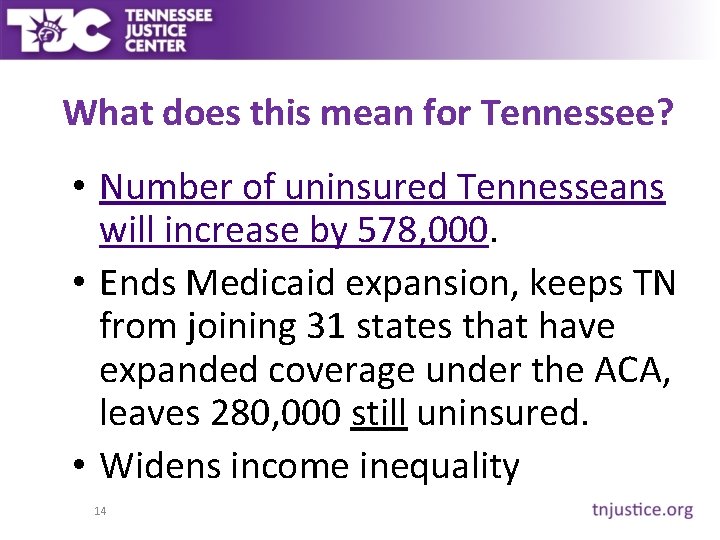 What does this mean for Tennessee? • Number of uninsured Tennesseans will increase by What does this mean for Tennessee? • Number of uninsured Tennesseans will increase by