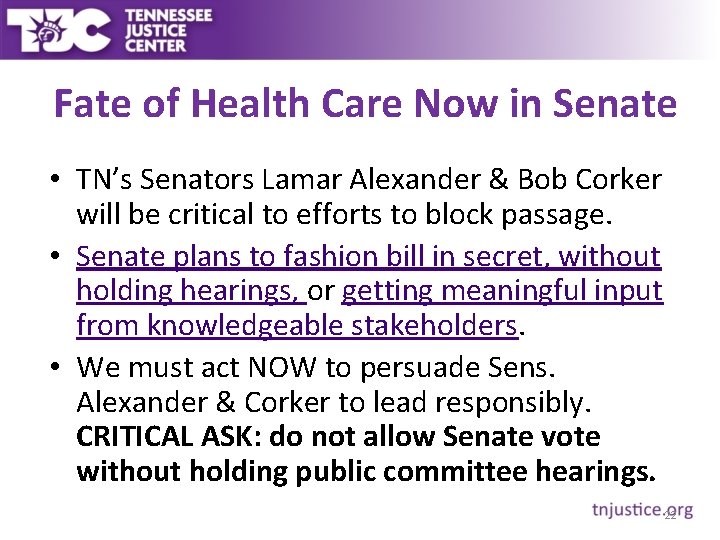 Fate of Health Care Now in Senate • TN’s Senators Lamar Alexander & Bob Fate of Health Care Now in Senate • TN’s Senators Lamar Alexander & Bob