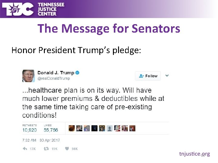 The Message for Senators Honor President Trump’s pledge: 28 