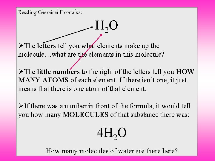 Reading Chemical Formulas: H 2 O ØThe letters tell you what elements make up