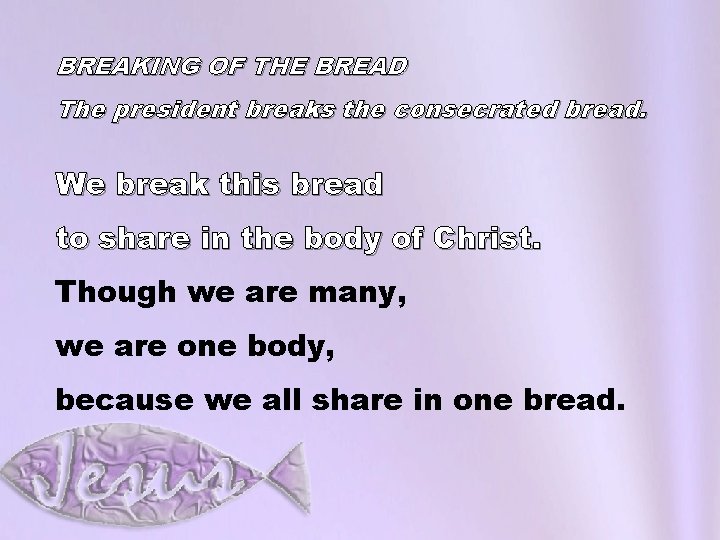 BREAKING OF THE BREAD The president breaks the consecrated bread. We break this bread