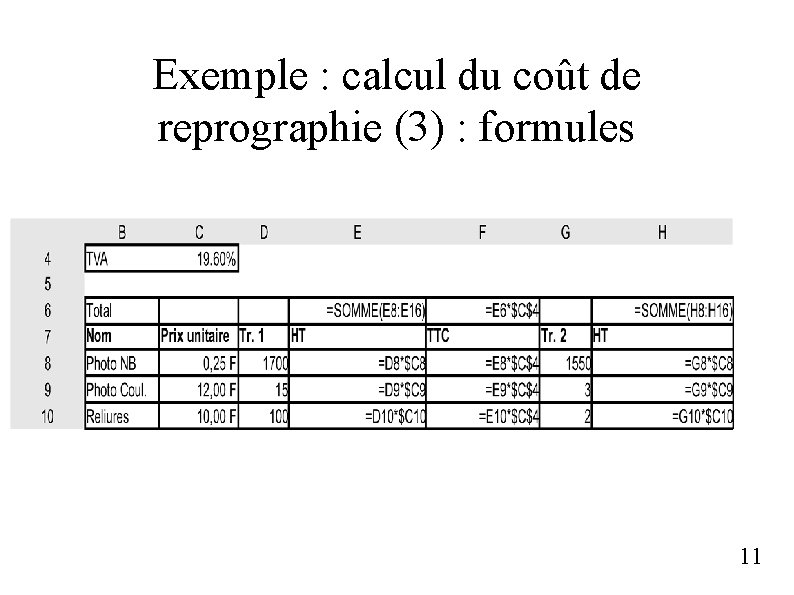 Exemple : calcul du coût de reprographie (3) : formules 11 