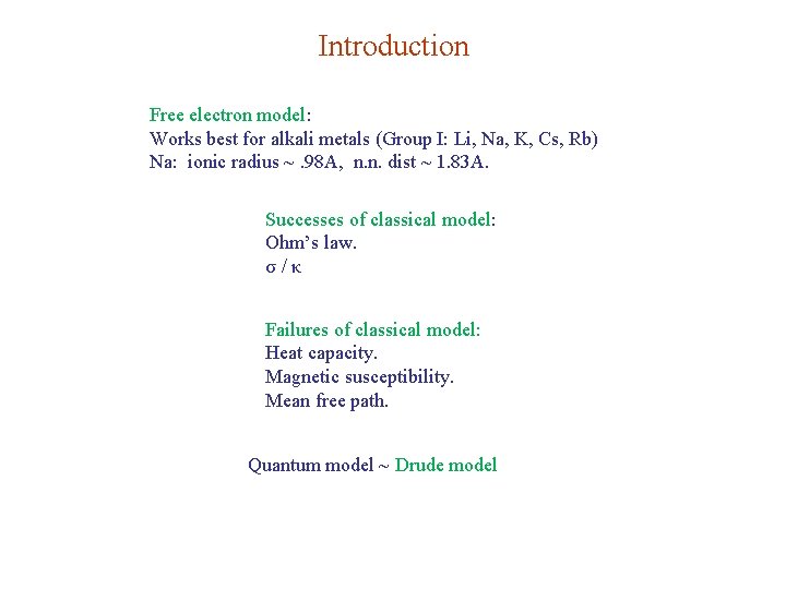 Introduction Free electron model: Works best for alkali metals (Group I: Li, Na, K,