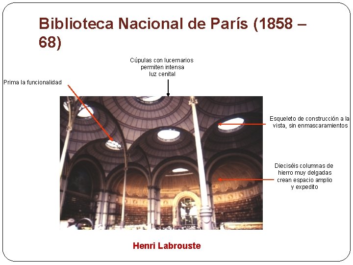 Biblioteca Nacional de París (1858 – 68) Cúpulas con lucernarios permiten intensa luz cenital