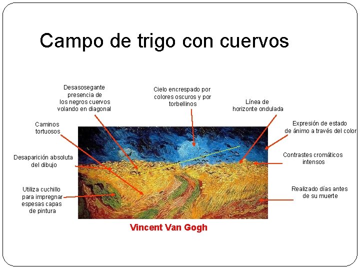 Campo de trigo con cuervos Desasosegante presencia de los negros cuervos volando en diagonal