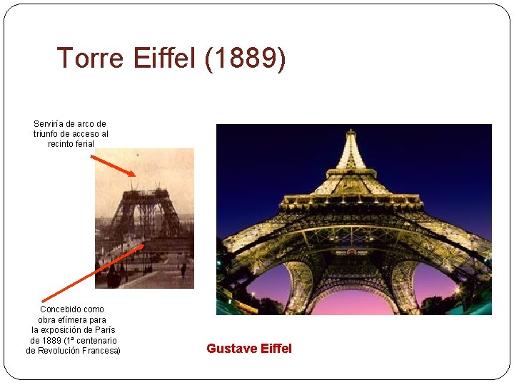 Torre Eiffel (1889) Serviría de arco de triunfo de acceso al recinto ferial Concebido