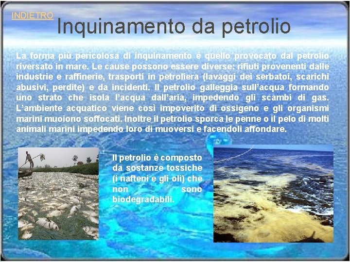 INDIETRO Inquinamento da petrolio La forma più pericolosa di inquinamento è quello provocato dal