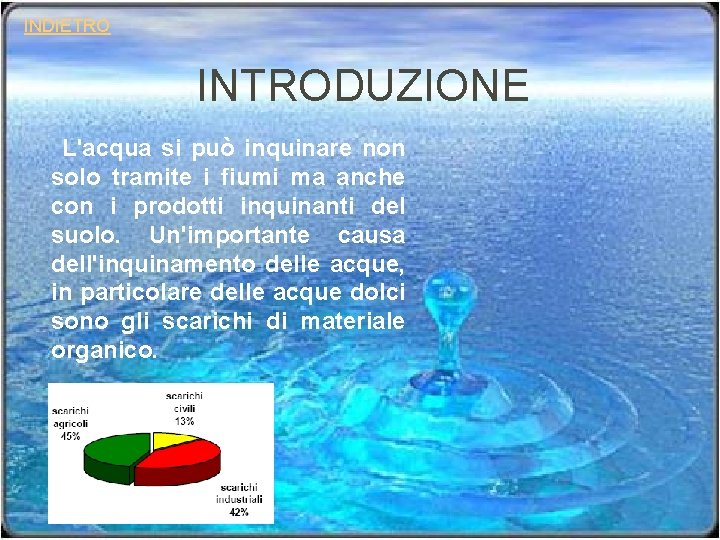 INDIETRO INTRODUZIONE L'acqua si può inquinare non solo tramite i fiumi ma anche con