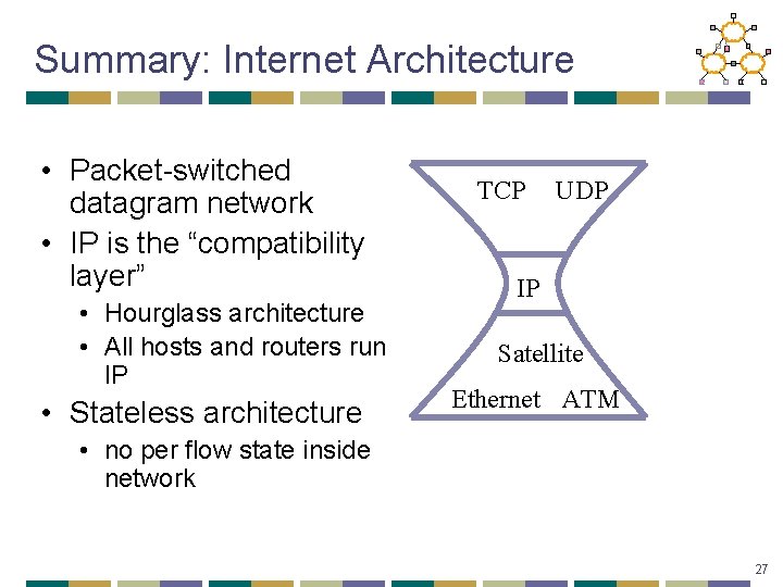 Summary: Internet Architecture • Packet-switched datagram network • IP is the “compatibility layer” •