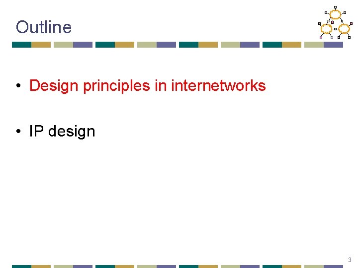 Outline • Design principles in internetworks • IP design 3 