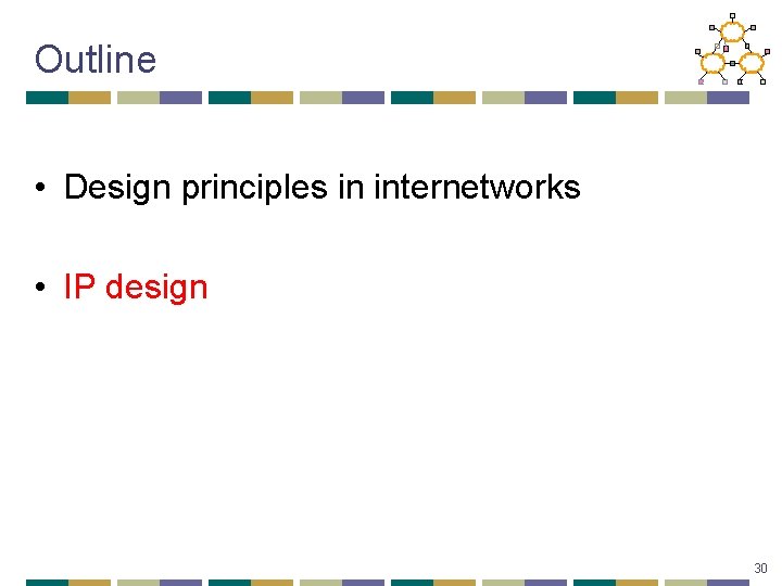 Outline • Design principles in internetworks • IP design 30 