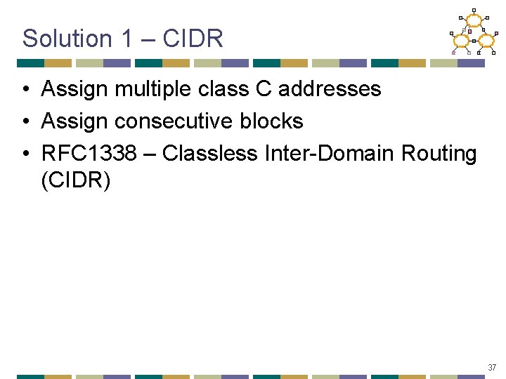 Solution 1 – CIDR • Assign multiple class C addresses • Assign consecutive blocks
