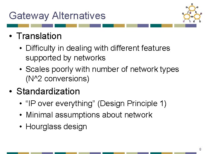 Gateway Alternatives • Translation • Difficulty in dealing with different features supported by networks