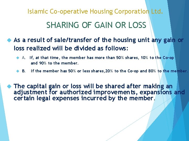 Islamic Co-operative Housing Corporation Ltd. SHARING OF GAIN OR LOSS As a result of