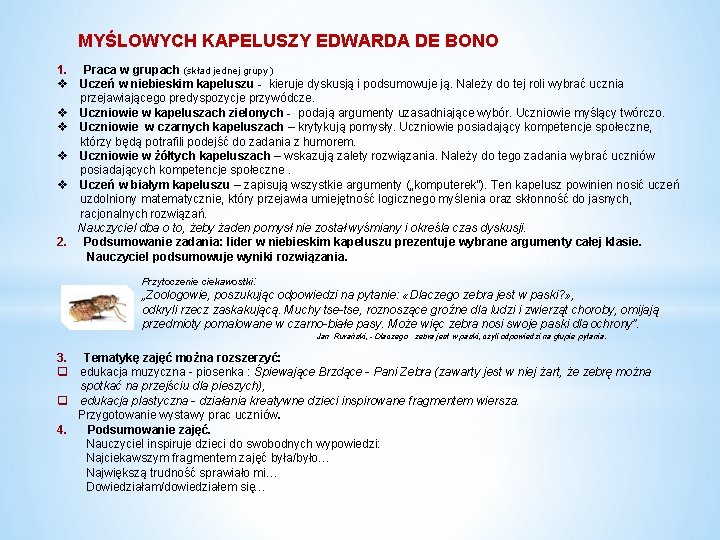 MYŚLOWYCH KAPELUSZY EDWARDA DE BONO 1. Praca w grupach (skład jednej grupy ) v MYŚLOWYCH KAPELUSZY EDWARDA DE BONO 1. Praca w grupach (skład jednej grupy ) v