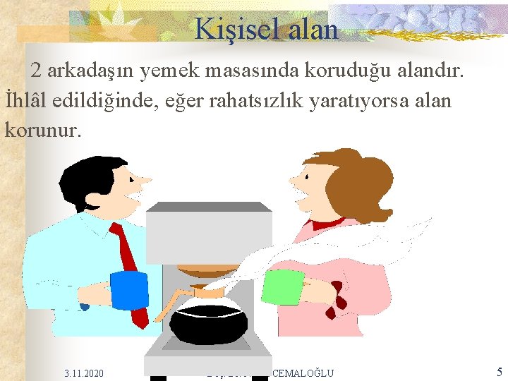 Kişisel alan 2 arkadaşın yemek masasında koruduğu alandır. İhlâl edildiğinde, eğer rahatsızlık yaratıyorsa alan Kişisel alan 2 arkadaşın yemek masasında koruduğu alandır. İhlâl edildiğinde, eğer rahatsızlık yaratıyorsa alan