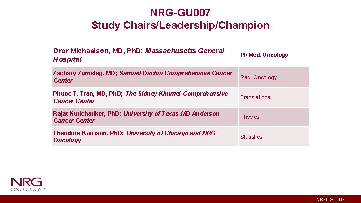 NRG-GU 007 Study Chairs/Leadership/Champion Dror Michaelson, MD, Ph. D; Massachusetts General Hospital PI/ Med.